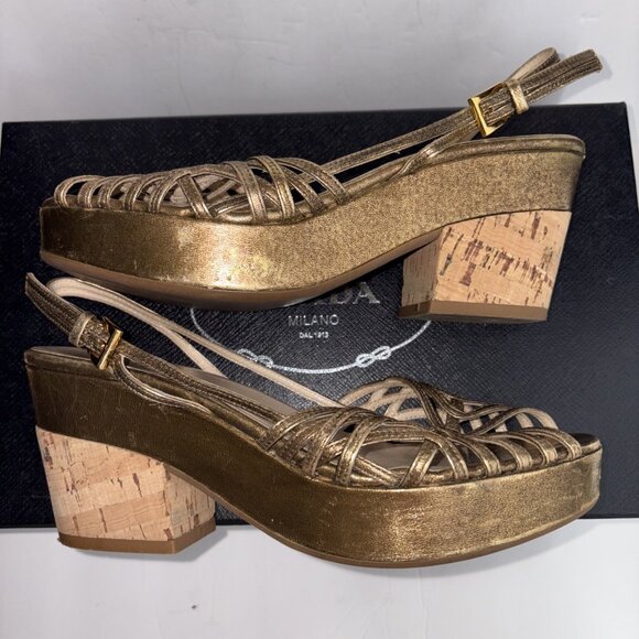 Vintage Prada Heels Gold Slingback Size EUR 37 US 7 with Box & Shoe Bags - Picture 2 of 16